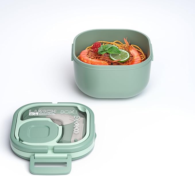 Bento Box for Adults & Kids – Single Compartment Lunch Box,Food Container,BPA-Free,Microwave & Dishwasher Safe with Removable Divider,Utensils & Sauce Jar-Green
