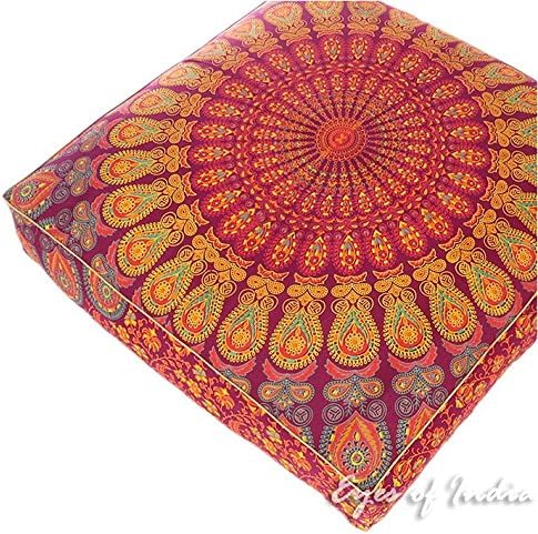 Eyes of India - Mandala Floor Pillow Cover Meditation Cushion Seating Throw Hippie Round Colorful Decorative Bohemian Indian Pouf Ottoman Handmade Cover ONLY (Burgundy, 35" x 35")