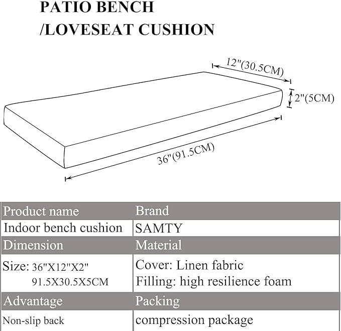 Bench Seat Memory Foam Chair Pads Non-Slip Rubber Back Indoor Swing/Settee Cushion 36 x 16 inch