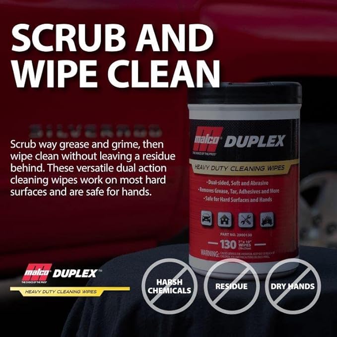 Malco Duplex Heavy Duty Cleaning Wipes for Home and Auto - Dual Sided Textured, Wet Wipe/Removes Grease, Tar, Paint, Oil, Dirt/No Residue/Safe for Hands/Made in USA (130 Wipes)