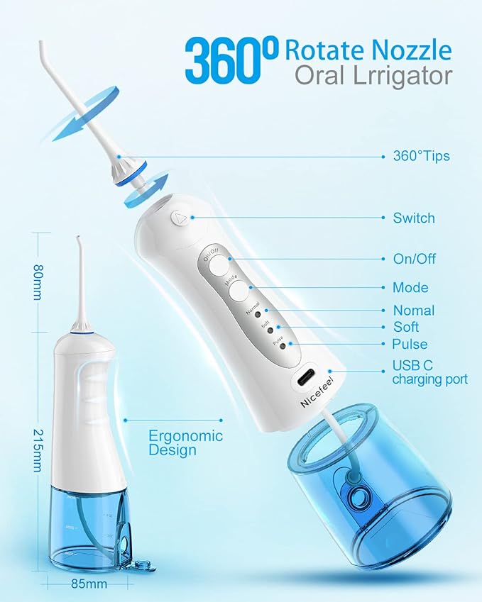 Cordless Water Flosser Teeth Cleaner, Nicefeel 300ML 2 Tip Cases Portable and USB Rechargeable Oral Irrigator for Travel, IPX7 Waterproof, 3-Mode Water Flossing with 4 Jet Tips for Home