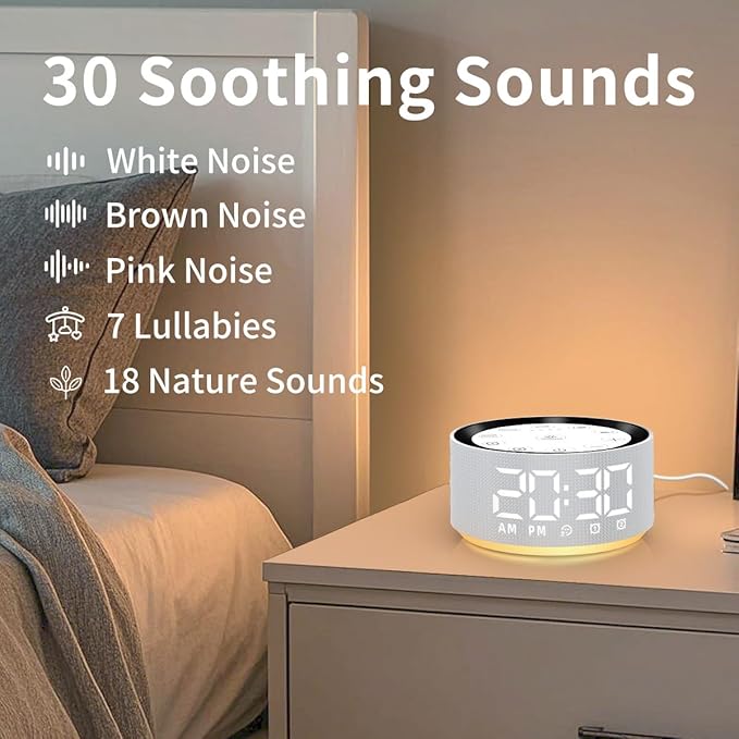 Brown Noise Machine Bedroom Alarm Clock Sound White Noise Machine Night Light with 30 Sleeping Sounds for Baby Kids Adults 2 Alarms Backup Battery 32-Level Vol 15 Wake up Sounds for Mild Heavy Sleeper