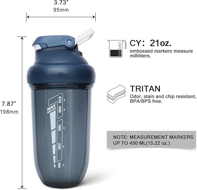 20 oz protein shaker bottle, TRITAN Plastic, BPA/BPS Free Whey Protein Drink Cups for Pre-Workout and Gym, Blender Shaker for Blending Protein Shakes, Overnight Oats and Smoothies(blue)
