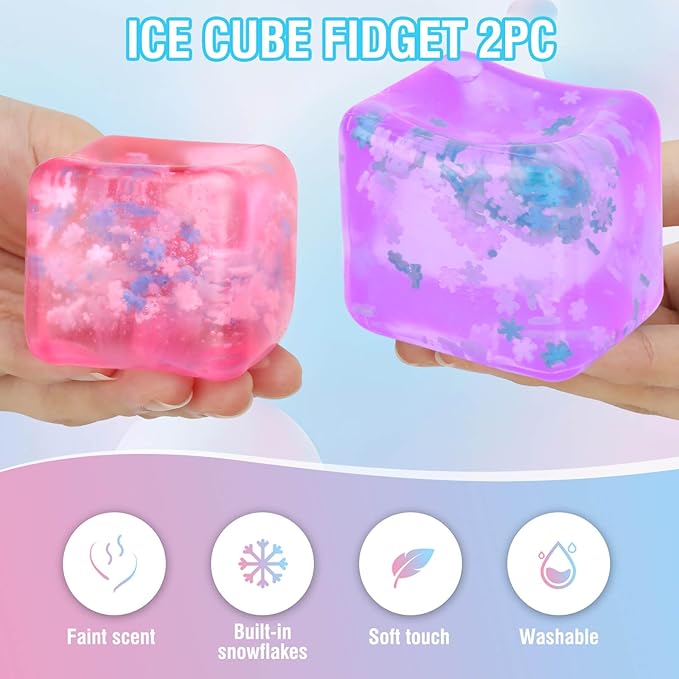 Fidget Toy for All Ages: 2 Pack Soft Sensory Fidget Ice Cube Stress Ball Squishy Cube Stress Relief Toys for Kids, Teens and Adults Party Favors, Birthday Gift for Kids Age 3+, Purple Pink