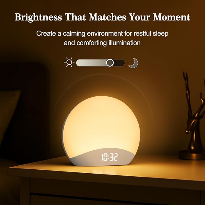 REACHER Sound Machine Sunrise Alarm Clock with Night Light, 26 Nature Inspired Sleep Sounds, 0-100% Dimmable Clock, Sunrise Lamp, Wake Up Light, Brown/Pink/White Noise Machine for Babys, Adults, Kids