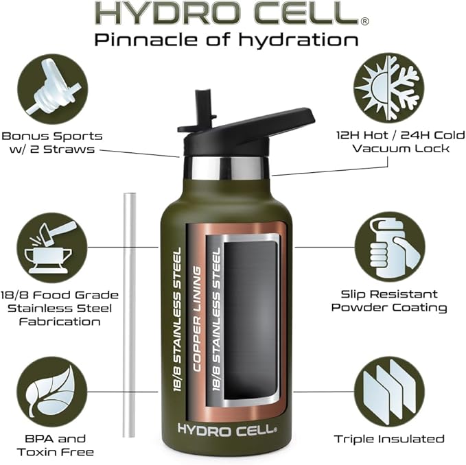 HYDRO CELL Stainless Steel Water Bottle with Straw & 2 Standard Mouth Lids (32oz 24oz 20oz 16oz) Keeps Liquids Hot or Cold w/Double Wall Vacuum Insulated Leak Proof Sport Design (Army 20oz)