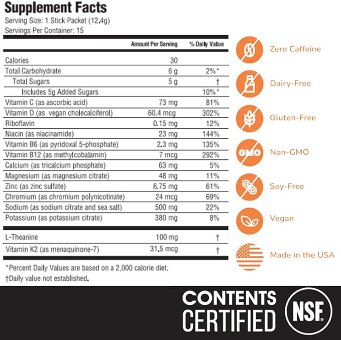 Electrolyte & Vitamin Supplement Powder, Drink Mix with B12, L-Theanine, D3, K2, Zinc, Magnesium, Potassium, Supports Calm Focus & Energy, Variety Pack 1, 15 Pack