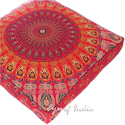 Eyes of India - Mandala Floor Pillow Cover Meditation Cushion Seating Throw Hippie Round Colorful Decorative Bohemian Indian Pouf Ottoman Handmade Cover ONLY (Red, 35" x 35")