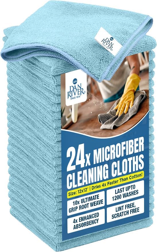 DAN RIVER 24-Pack Blue Microfiber Towels โ Ultra Absorbent, Lint-Free & Streak-Free wash Cloths Kitchen for Home & Car - Must-Have Cleaning Essentials - 12" x 12"