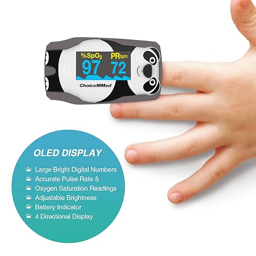 CHOICEMMED OLED Panda Pediatric Pulse Oximeter Fingertip – SP02 Pulse Oximeter for Kids – Children Blood Oxygen Saturation Monitor with Color OLED Screen - Child O2 Saturation Monitor with Batteries (Not for Infant or Newborn)