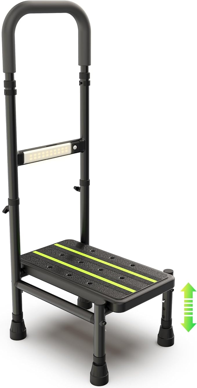 Step Stool with Handle for Elderly, Adjustable Handrail & Leg, Sensor Light, Medical Stepping Stools for High Bed Mobility & Daily Living Aids, Bedside Car Stair Lift for Senior Adults 450lbs