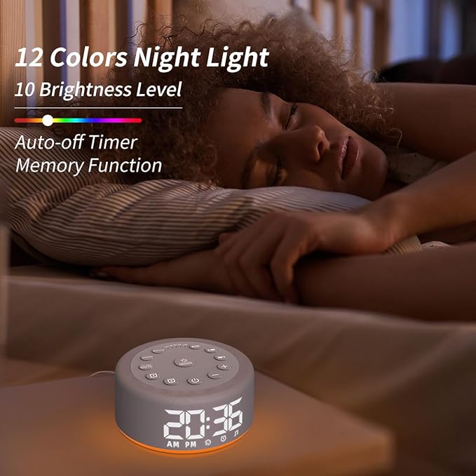 Sound Machine Night Light White Noise Brown Noise Machine Alarm Clock with Dual Alarms Backup Battery 30 Sleeping Sounds for Baby Kids Adults 32 Level Volume 5 Timers 15 Wake Up Sounds Memory Function