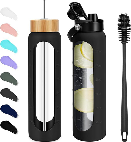 25 oz Glass Water Bottles - Motivational Tumbler With Time Marker - Borosilicate Glass Bottle, Silicone Sleeve, 2 Lids,Handle Spout & Bamboo Straw, Black
