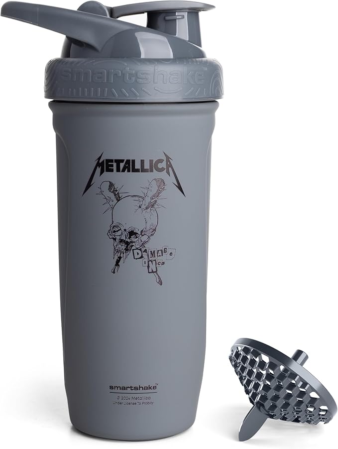 Smartshake Rockband Reforce Stainless Steel Protein Shaker Bottle 900 ml | 30 oz - Leakproof Screw-on Lid - BPA Free – Not Insulated - Unisex - Metallica, Damage Inc. Logo on Bottle