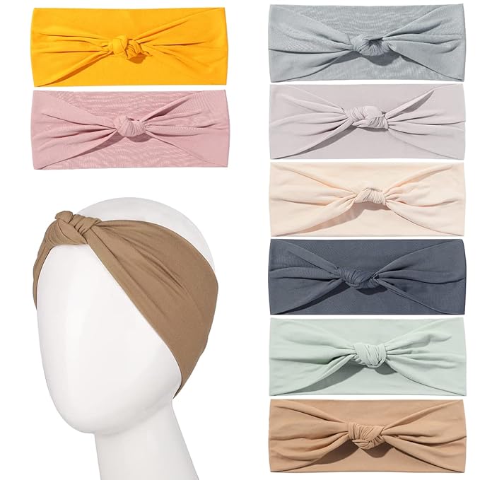 8 Pack Knot Headbands for Women Non Slip Boho Wide Hair Bands Yoga Workout Running Sport Elastic Twist Knotted Headwrap for Girls (C Spring)