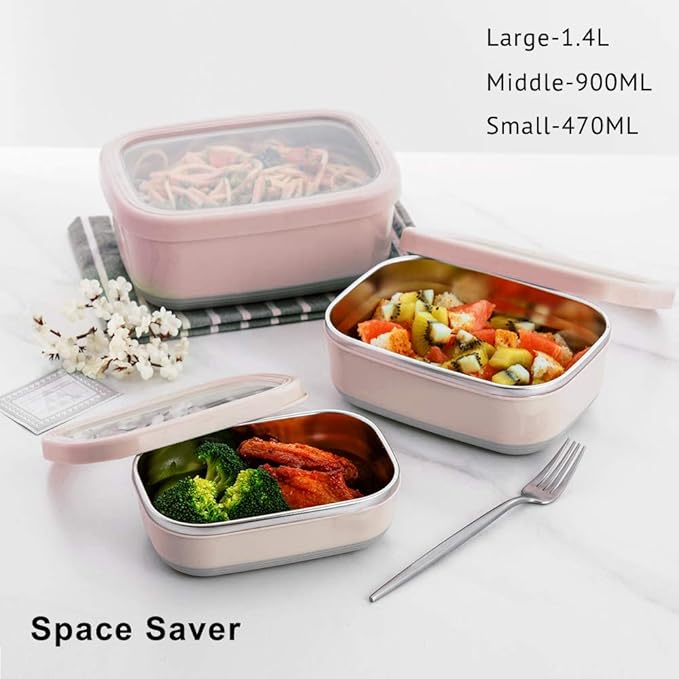 Lille Home Leak Proof Stainless Steel Lunch Snack Containers Set - Ideal for Educational Settings and Daycare - Nesting Trio with Silicone Lids - 47oz+30oz+16oz - Pink