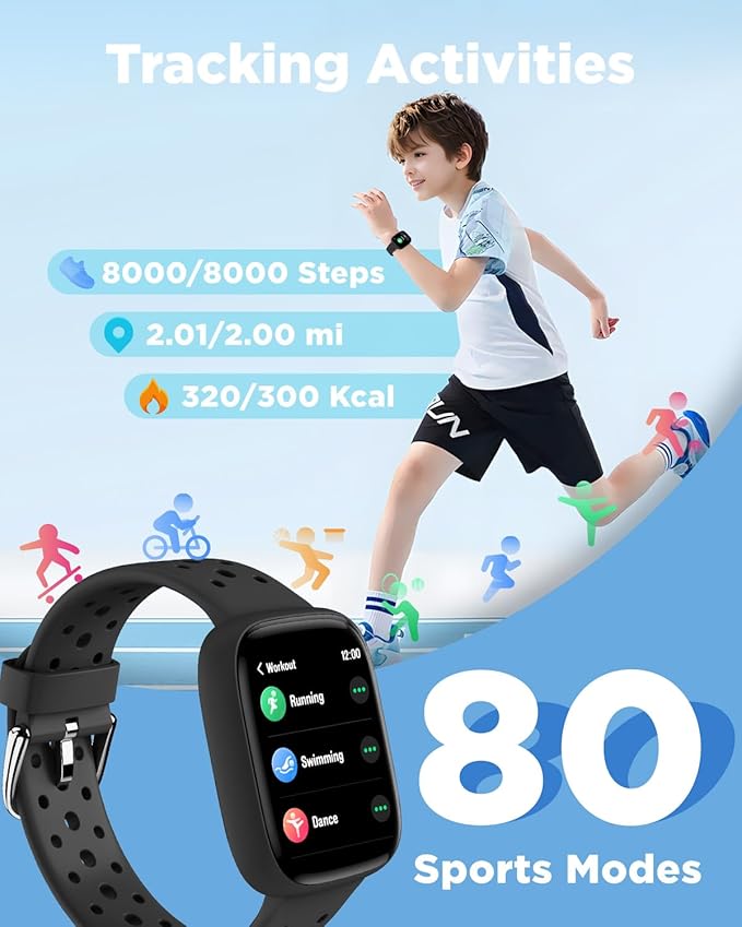 BIGGERFIVE Smart Watch for Kids, 1.8" Fitness Tracker Watch Pedometer, Heart Rate, Sleep Monitor, IP68 Waterproof, Calorie Step Counter, Puzzle Games with/Without APP for Girls Boys Teens 5-16, Black