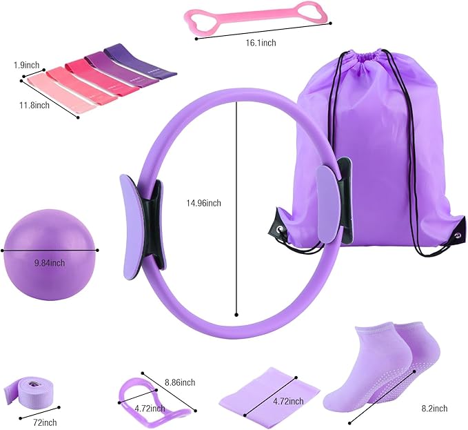 ASIEIT Home Pilates Kit for Women, Pilates Ring and Ball Set with 5 Resistance Bands, 9.8β Ball, 14.96'' Magic Circle, Pilates Equipment Set for Strength, Toning and Flexibility