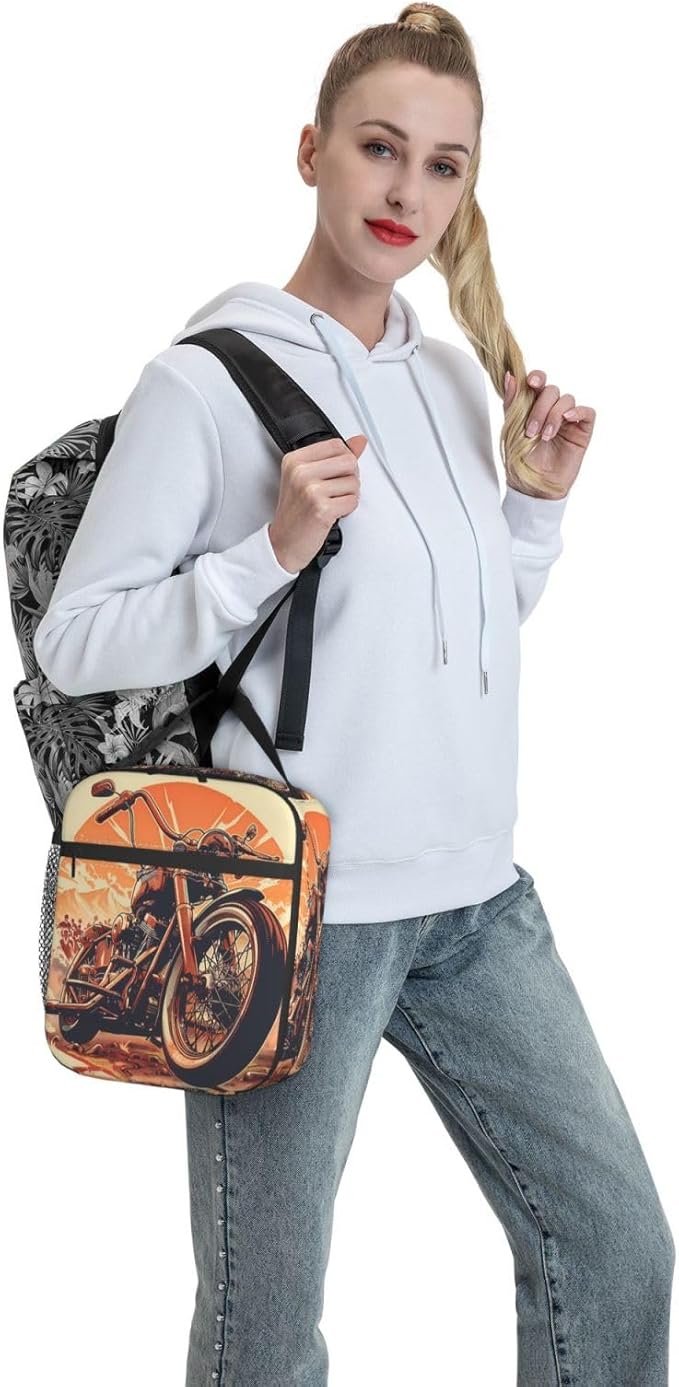 Insulated Lunch Box for Women Men, Vintage Motorcycle Theme Lunch Box Reusable Portable Lunch Bag Cooler Tote Waterproof Lunch Container for Office Picnic Work Travel