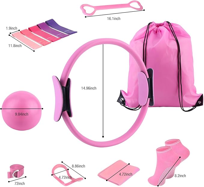 ASIEIT Home Pilates Kit for Women, Pilates Ring and Ball Set with 5 Resistance Bands, 9.8β Ball, 14.96'' Magic Circle, Pilates Equipment Set for Strength, Toning and Flexibility