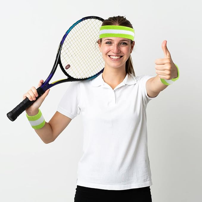 ONUPGO 5 Pieces Sweatbands Striped Socks Set Sports Headband Wristbands High Tube Socks 80s Accessories Costumes