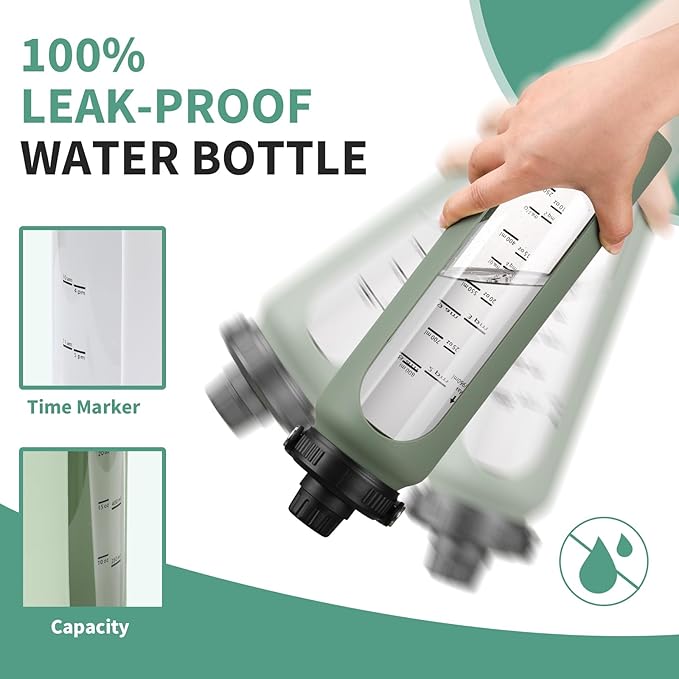 32 oz Glass Water Bottles with 2 Lids-Handle Spout Lid & Straw Lid 1 Liter Motivational Borosilicate Water Bottle with Silicone Sleeve and Time Marker,Leakproof
