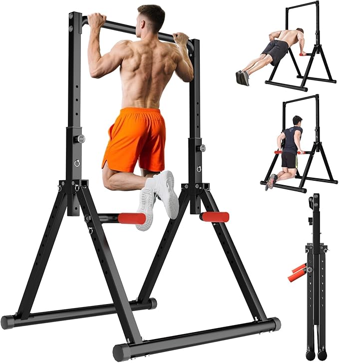 Power Tower Pull Up Dip Station Foldable, Pull Up Bar Station Adjustable, Multi-Function Home Gym, Strength Training Fitness Equipment, Triangular Design, for Home Outdoor