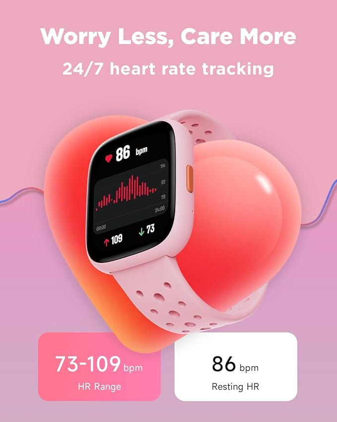 BIGGERFIVE Smart Watch for Kids, 1.8" Fitness Tracker Watch Pedometer, Heart Rate, Sleep Monitor, IP68 Waterproof, Calorie Step Counter, Puzzle Games with/Without APP for Girls Teens 5-16, Pink