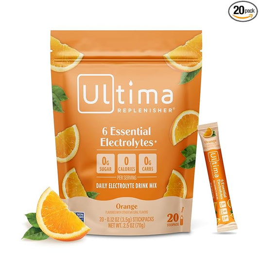 Ultima Replenisher Daily Electrolyte Powder Drink Mix –Sugar Free – Orange, 20 Stickpacks – Hydration Packets with 6 Key Electrolytes and Trace Minerals – Keto Friendly, Vegan, Non-GMO