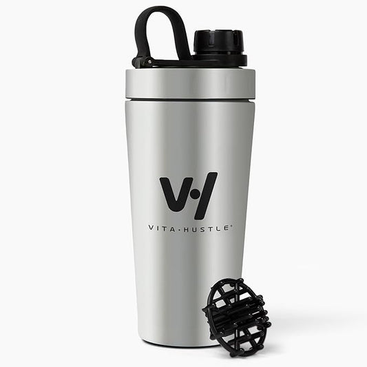 VitaHustle Stainless Steel Shaker Cup with Twist Cap, Leakproof, Mixing Ball, Perfect for Protein Shakes or Post Workout, Fits Car Cup Holder, BPA Free, 20 oz (Silver)