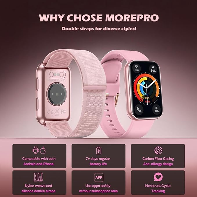 MorePro Health Fitness Tracker with Blood oxy-gen Monitor and 24/7 Heart Rate and Blood Pressure, Sleep Monitor, 120+ Sport Modes Waterproof Fitness Watch for Women Men Android iOS, Pink