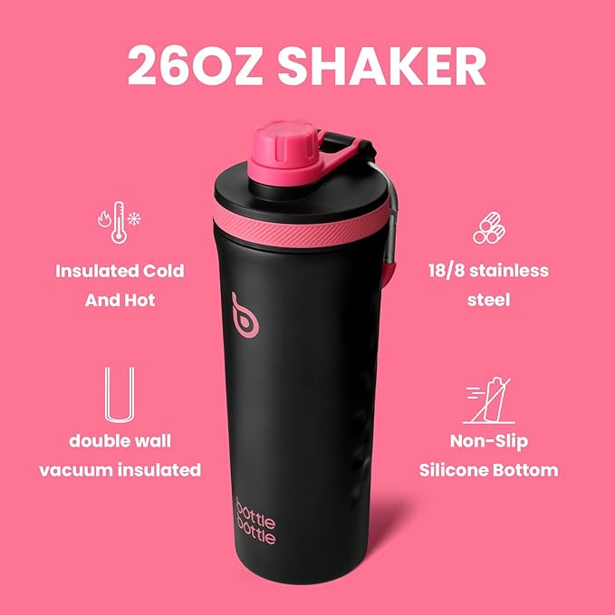 BOTTLE BOTTLE 26 oz Insulated Shaker Bottle Insulated Water Bottle for Men and Women Protein Shaker Bottles for Gym Water Cup black