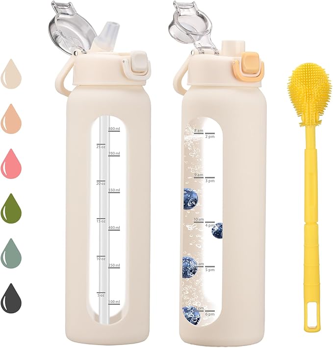 32 oz Glass Water Bottles with 2 Lids-Handle Spout Lid & Straw Lid, 1 Liter Motivational Borosilicate Water Bottle with Time Marker and Silicone Sleeve,Leakproof-White-1 Pack