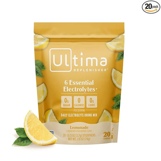 Ultima Replenisher Daily Electrolyte Powder Drink Mix – Sugar Free – Lemonade, 20 Stickpacks – Hydration Packets with 6 Key Electrolytes and Trace Minerals – Keto Friendly, Vegan, Non-GMO