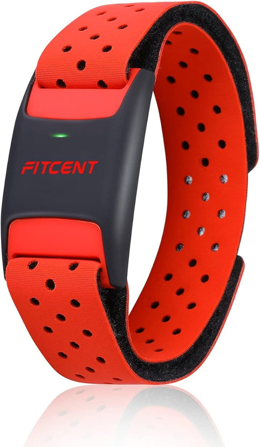 FITCENT Heart Rate Monitor Armband, Bluetooth ANT+ Optical Heart Rate Sensor Arm Band, Rechargeable Fitness Tracker for Peloton Strava Zwift Polar Beat DDP Yoga Wahoo Fitness (Red)