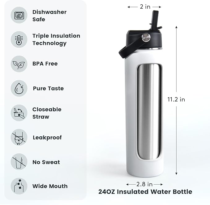 24oz Insulated Travel Water Bottle - Stainless Steel, Leakproof - Keep Hot for 12hrs & Cold for 30hrs - for Outdoors, Sports, Bike, Gym, Marathon - Gift for Women, Men (White)