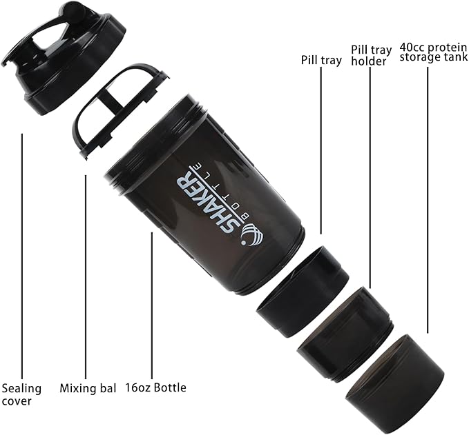 Shaker Bottle - Protein Shaker Cup with Storage Compartments - Leak-proof Workout Shake Bottles with Mixer for Smooth Mixing-500ML/16oz (PURE BLACK)