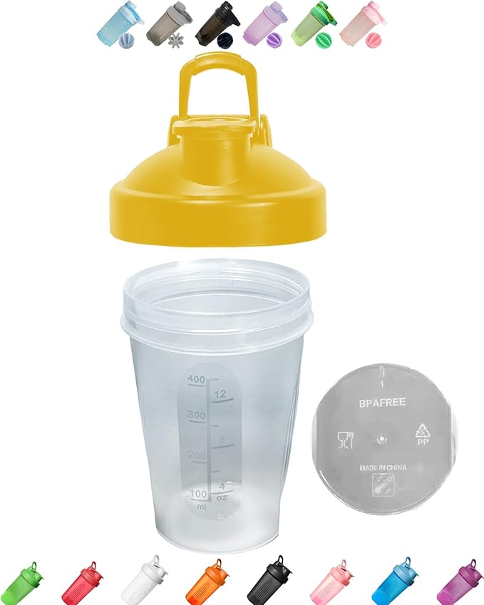 A Small Clear Shaker Bottle w. Yellow Lid,12Oz/400ml Measurement Marks & Stainless Whisk Blender Mixer Ball,BPA Free,Made of PP5,Perfect for Nutrition/Protein/Keto/Juice Powder Shaking
