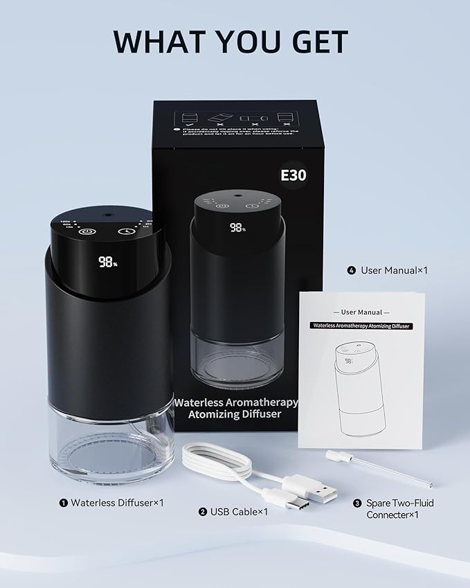 Waterless Essential Oil Diffuser Aromatherapy Scent Diffusers for Home Large Room, Bedroom, Car, Office, Desk, Battery Operated Mini Portable Air Freshener, 3 Countdown Timers & 3 Mist Levels