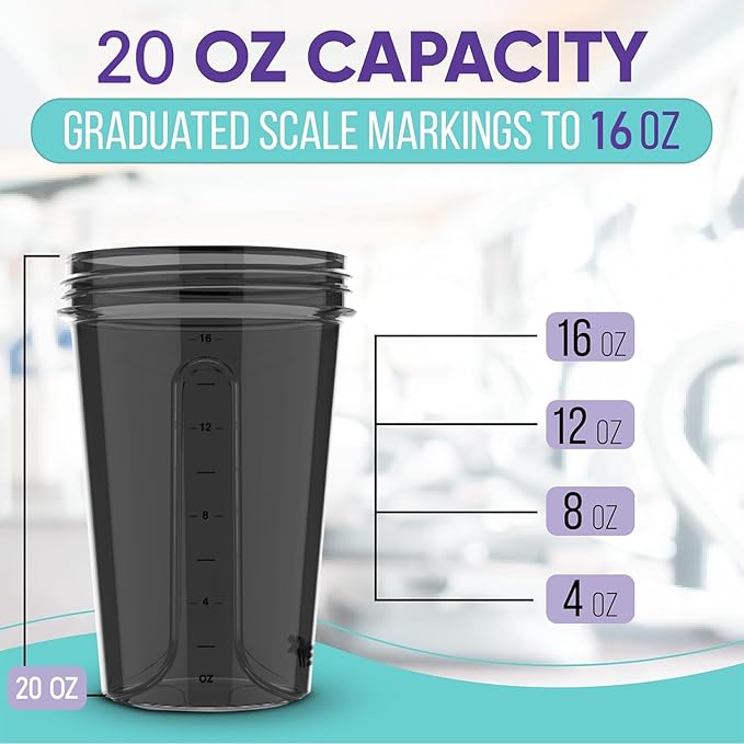 -6 PACK- Shaker Cups for Protein Shakes 20 oz - 6x Wire Whisk | Leak Proof Protein Shaker Bottle for Protein Shakes, Shaker Bottle Pack for Pre & Post Workout, Shaker Cup (ALL IN BLACK)