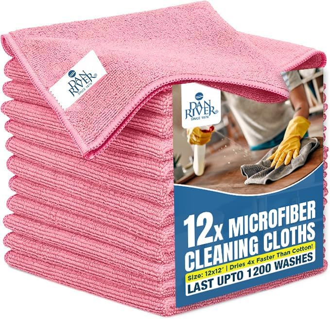 DAN RIVER 12-Pack Pink Microfiber Towels โ Ultra Absorbent, Lint-Free & Streak-Free Kitchen Cleaning Cloths for Home, Car & Kitchen - Must-Have Cleaning Essentials - 12" x 12"