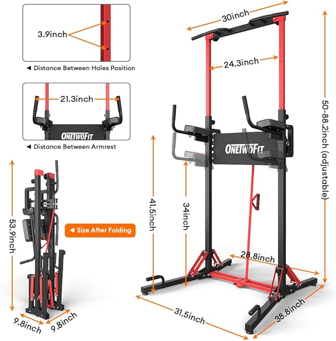 ONETWOFIT Foldable Power Tower Pull Up Bar Station, Multi-Function Adjustable Height Dip Station for Home Gym Workout, Strength Training Fitness Equipment, Pull Up Stand