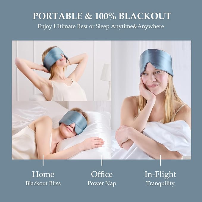 100% Mulberry Silk Sleep Mask, Large Size Travel Eye Masks for Side Sleepers, Adjustable Sleeping Mask for Women and Men, 100% Blackout Eye Mask for Sleeping Light Blue