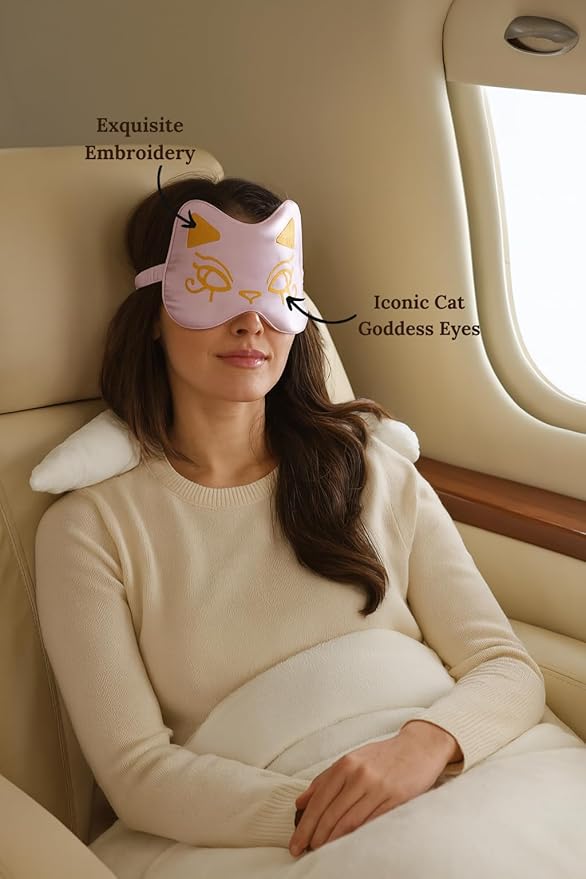 Silk Sleep Mask Blindfold Eye Mask for Sleep Cute Cat Print Embroidered Eye Cover Adjustable Oversized Egyptian Bastet with Gift Box&Pouch(Kemet Lavender-Elastic Strap)