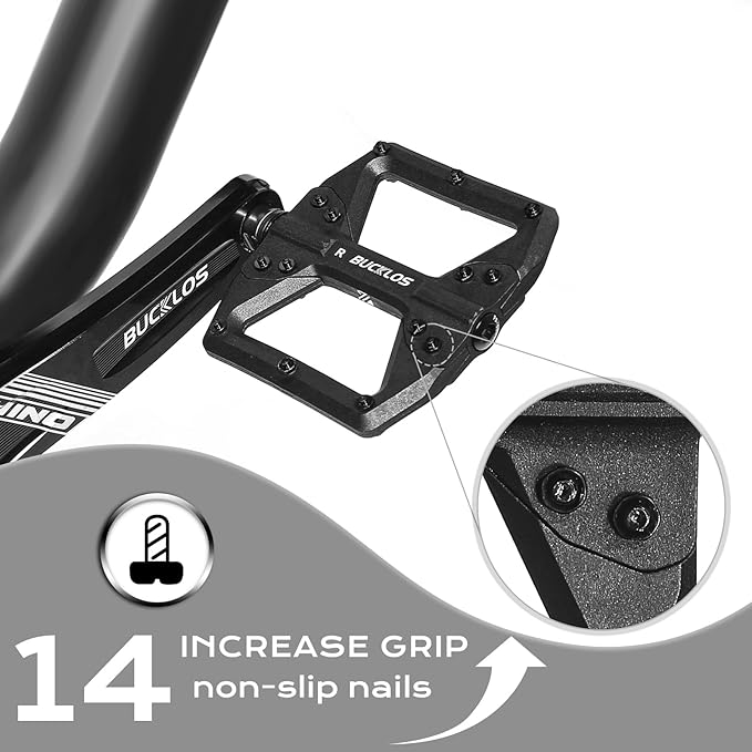 BUCKLOS MTB Flat Pedals Mountain Bike Pedals, 3 Bearings CNC Adult Road Bike Pedals, Bicycle Platform Aluminum Alloy Non-Slip Pedal for Gravel Bike/BMX 9/16"(Black)