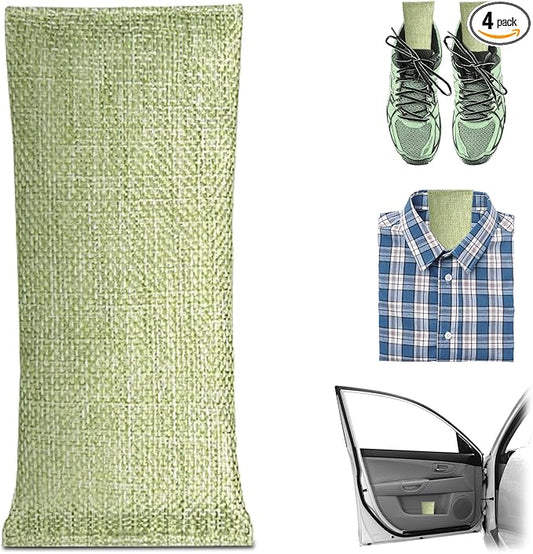 4 Pack charcoal odor absorber,Bamboo Charcoals Air Purifying Bag Charcoals Deodorizer Eliminator for Strong Odors in Car, Closet, Shoe, Basement (75G*4 Pack Light Green, Unscented)