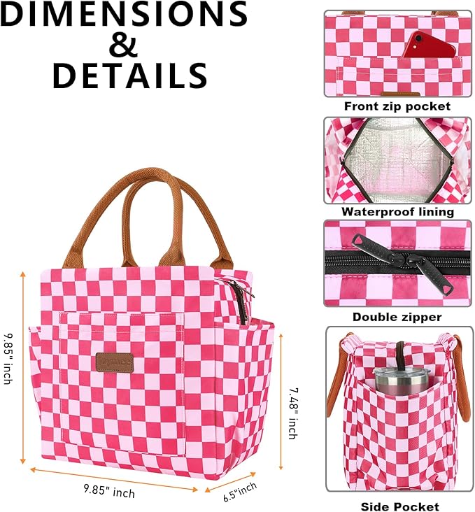 Joymee Lunch Bag Women Insulated Lunch Box Reusable Leakproof Large Spacious Cooler Tote for Women Men Adult with Bottle Holder and Side Pockets for Work Office Travel Picnic - Checker Pink