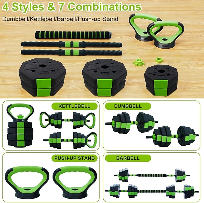 Dumbbell Set 44lbs Free Weights Set with Connector 4 In1 Weights Dumbbells Set Barbell Kettlebells Push Up Stand for Home Gym Green One Size