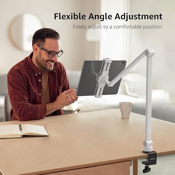 BEWISER Tablet Stand Holder Desk Mount,360°Rotating Flexibly, Angle Adjustable Long Arm, Folding Aluminium Alloy Compatible with4.7-13" Phone or Tablet in Kitchen/Office(White)