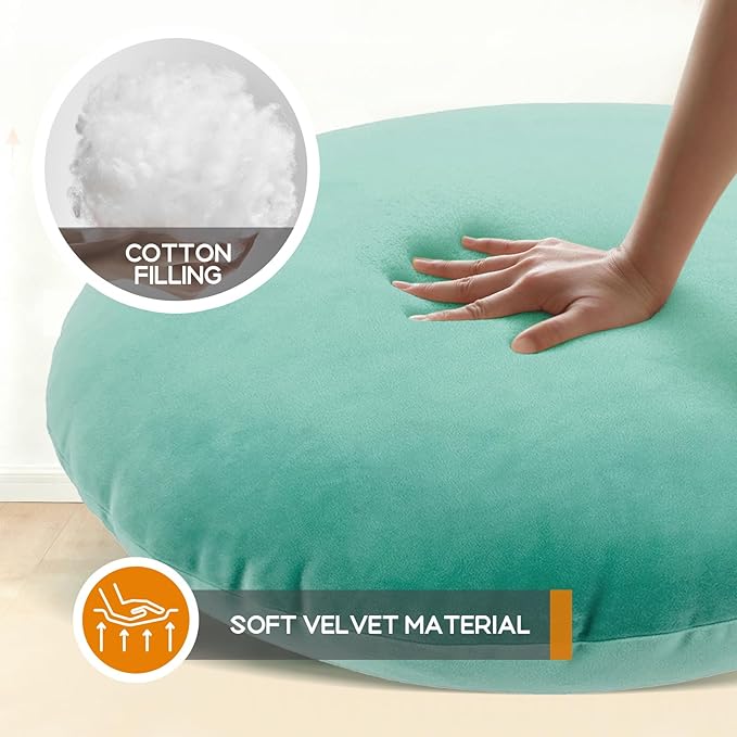 32" Round Floor Pillow with 13" Thick Padding, Velvet Meditation Cushion for Yoga & Lounge Seating, Large Ottoman Replacement Floor Mat for Adults, Decorative Accent Pillow (Lake Blue)